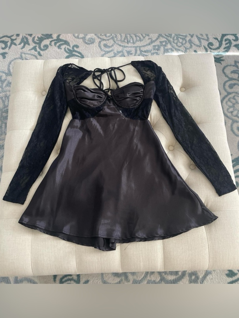 Lucy in the Sky Black Satin & Lace Long Sleeve Mini Dress